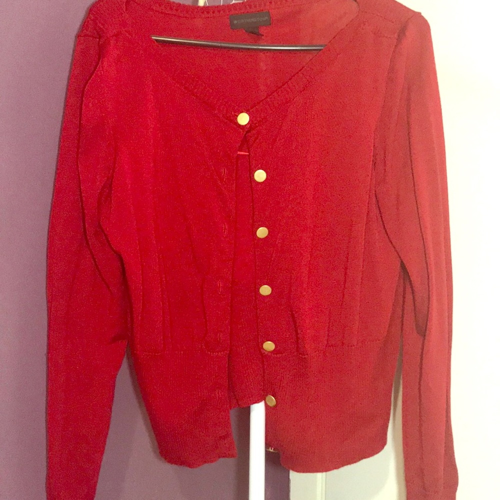 Bright red cardigan!